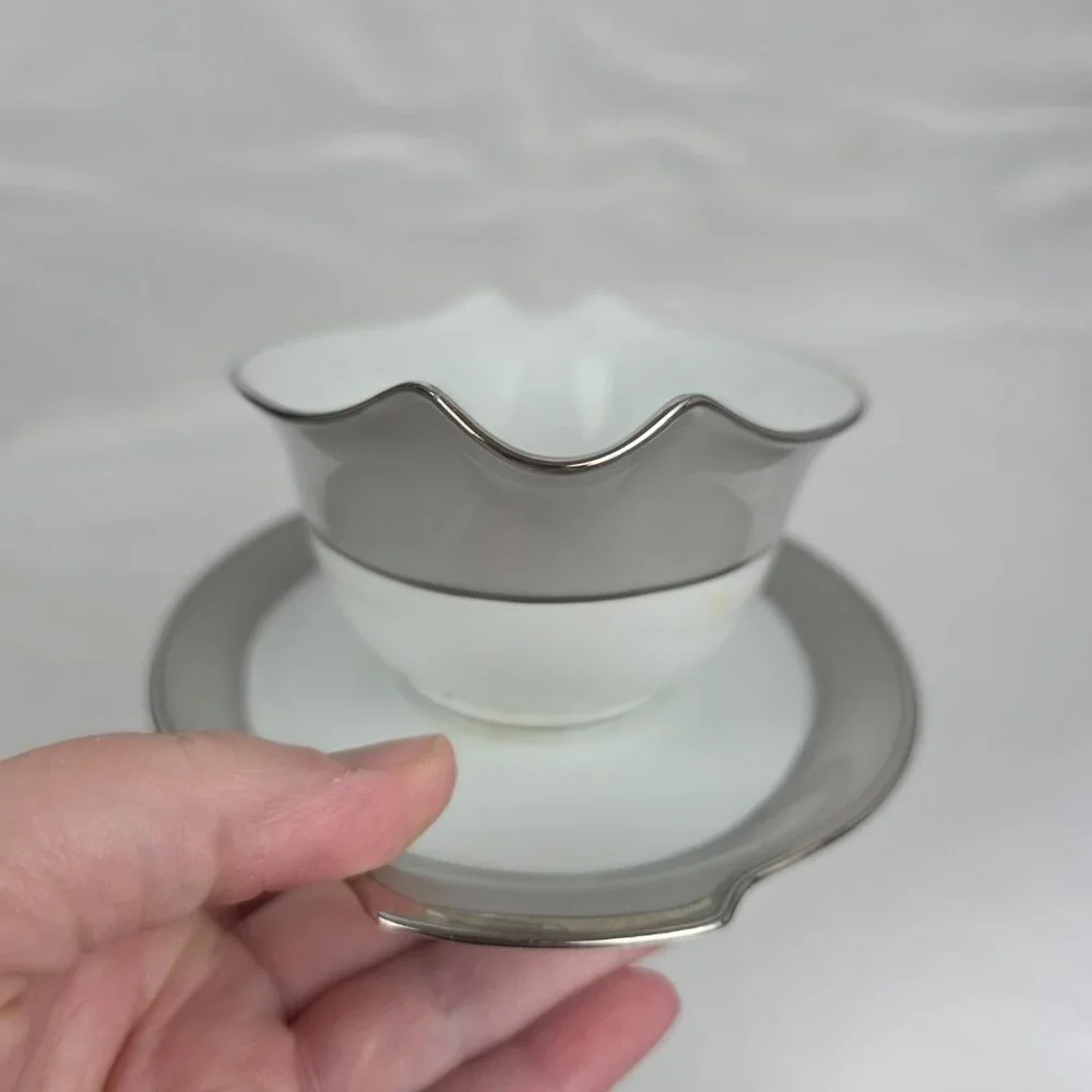 Sango Plantina Gravy Boat with Underplate Gray Band Platinum Trim